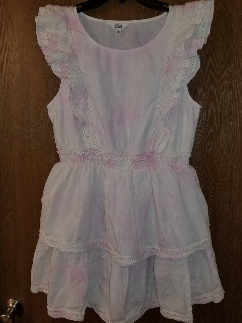 BB Dakota Junior's Pale Pink Tie Dye Layered Eyelet Trim Ruffle Mini Dress